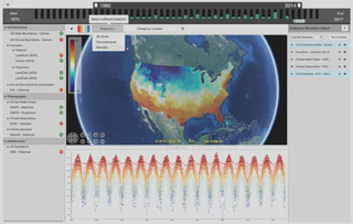 User interface with a map view at the center and a scatterplot with a wave shaped pattern at the bottom. Both use blue yellow red colormaps and show temperatures. There’s a layer list on the left and an analytics workflow on the right. The top shows a series of bars of varying fill levels.