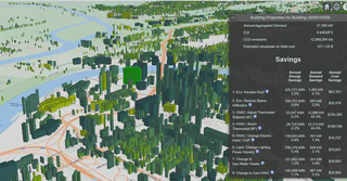 Screenshot of VirtualEPB showing 3D buildings in various shades of green and yellow on top of a map. A UI element shows properties of a selected building
