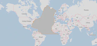Most of a world map, centered on the Northern Atlantic ocean. A gray polygon covers the Northern Atlantic and parts of the Southern Atlantic.