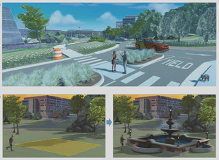 Three different rendered views. The top scene is a daytime view of two people conversing next to a roundabout, with buildings in the background and a koala on the sidewalk. The bottom left shows a person running towards a volleyball field in a park at sunset, with one of the campus buildings in the background. The bottom right shows a person standing next to a large ornate water fountain in the same place, also during sunset.