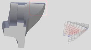 3D rendered gray mechanical component (left) and a recreation using surface patches