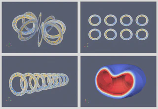 `Four different views of the same dataset. 8 hollow slices arranged in a torus, on a grid, and in a cylindrical arrangement (all using a blue and yellow colormap) and a volumetric rendering of the torus with a diagonal cut through it (rendered in a red white blue colormap).
