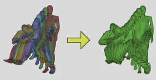 Several 3D figures in different poses that overlap (left) and one large merged mass of these figures (right).