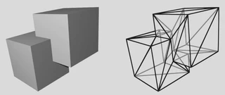 Two renderings of a pair of overlapping cubes. The version on the left shows shaded solids. The version on the right shows their wireframes which reveals the correct triangulation after merging.
