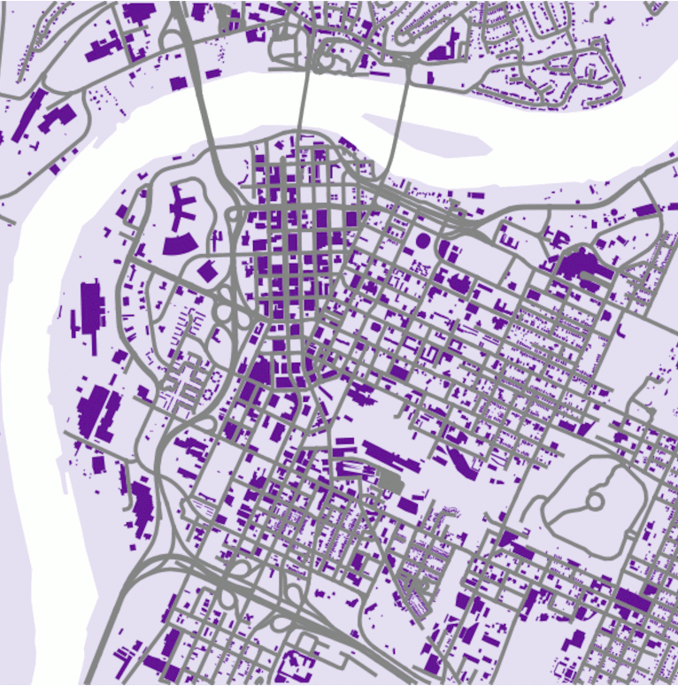 Animation showing a map of buildings, which is divided into Voronoi cells. As the view zooms into a smaller area, incoming traffic is assigned to the surrounding buildings.