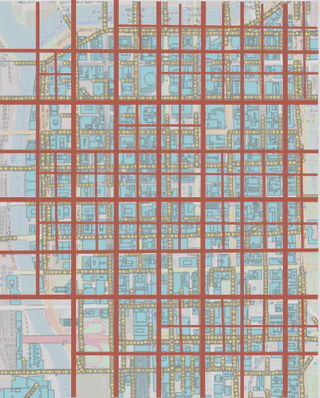 Map of the Chicago Loop area with small yellow dots representing agents, teal buildings, and a visual representation of the quadtree subdivision.
