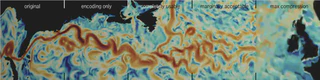 A close-up of the gulf stream between Florida and the  British Isles rendered in reds and blues. The image is split into 5 horizontal segments with different types of compression. The first three segments look identical in quality, the fourth shows some graininess, and the fifth has artifacts that wash out the features.