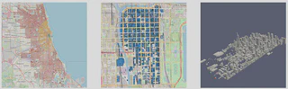 Three different views of Chicago. The first two are overhead map views, the third is a gray and white 3D rendering of building geometries.