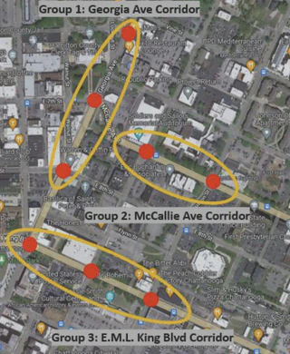A labeled google maps image of streets, marking several intersections with red dots. Three groups of intersections are circled in yellow.