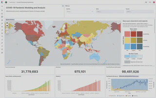 The top section has country and state selection options, a map, and a legend. A bivariate colormap shows new cases per capita (light/medium/dark) and growth rate (blue/yellow/red). Below, there are dashboard elements for totals, and stacked charts illustrating temporal progression.