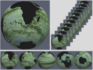 One large image showing ocean currents on a globe with black land mass. Next to it, there is a stack of multiple images like this at different time steps. At the bottom, different parts of the earth are shown.