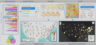 The data availability map is a tabular view of models (rows) over time (colums). If data is available, the cell is colored accordingly. The spatial variability tiles use a yellow-to-red colormap for U.S. states and territories which are represented as squares in a 7x8 tile. The leaflet glyphs show timeseries of four selected models arranged vertically. The rose charts show data in a circular way, colored by totals.