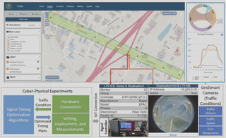Screenshot of a user interface showing a map with several base layers. One road is highlighted and the bottom shows a camera view, traffic signal data, and a photo of a signal controller. The right shows a chord diagram of traffic through an intersection, as well as arrival counts by direction.