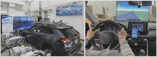 The left shows a black car inside a laboratory. It is mounted to dynamometers in front of an array of screens which show a road. The right shows a first person view of someone sitting inside the vehicle, operating it. There is a phone with speed recommendations mounted to the dashboard.