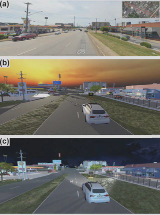The top shows a google street view picture of a road with a gas stations, billboards, power lines, and strip malls. The middle and bottom picture show 3D renderings of the same scene. The middle image shows a view at sunset he bottom shows it at night with artificial light.